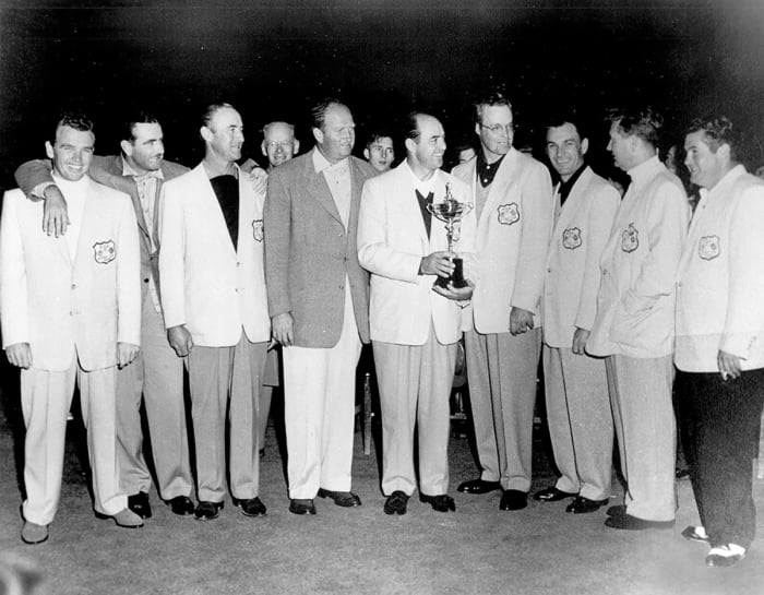 The 1951 American Ryder Cup team. Skip Alexander is to the right of Sam Snead (middle, with trophy).
